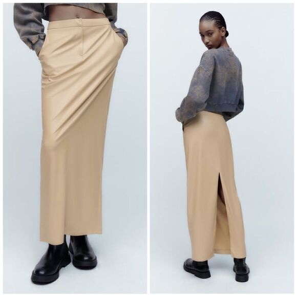 Zara Midi Faux Leather Skirt New